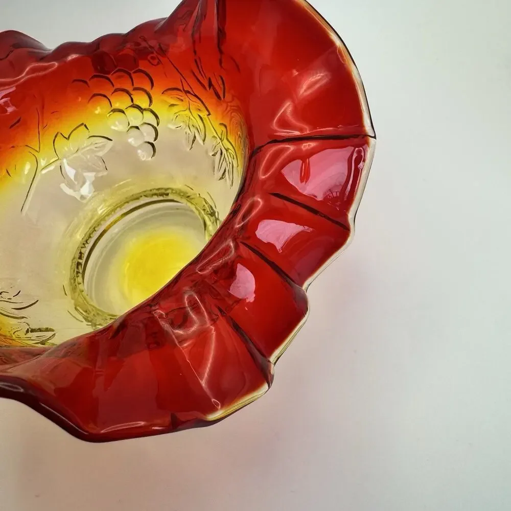 Vintage Amberina Glass Bowl bon bon Grape leaf Design Fluted Ruffled Edges GLOWS